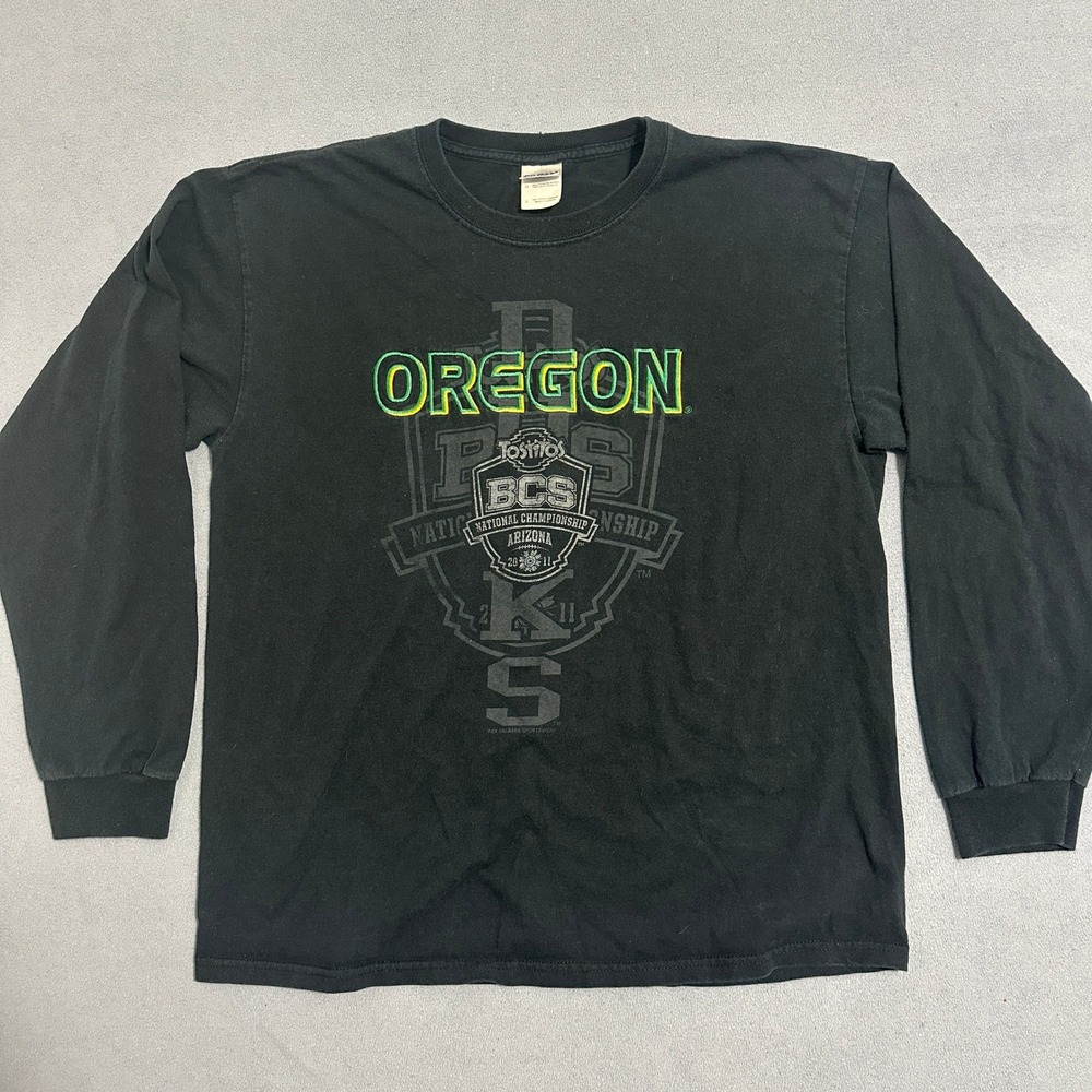 Gildan Oregon Ducks Sports T-Shirt Crew-Neck Long Sleeves Black Mens Size‎ L
